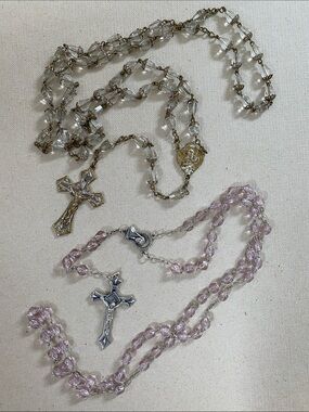 Vintage Pink and Clear Crystal Rosary Necklaces Set of Two